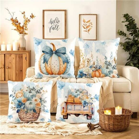 Fall Pumpkin Pillow Covers Set of 4 Velvet 18x18 Blue Orange Decorative Cushions - Picture 2 of 8